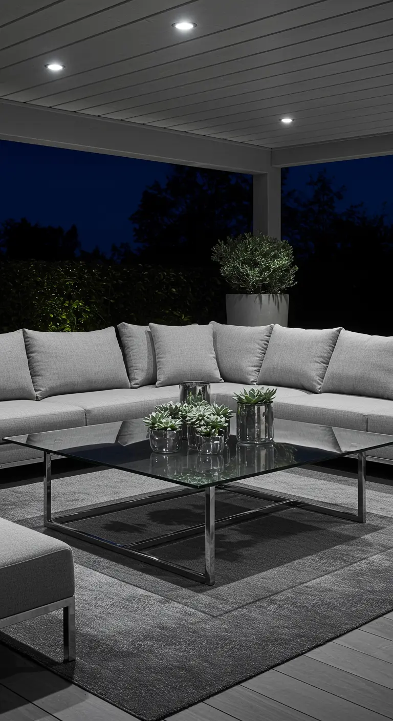 A sleek, modern gray patio at night with several small glass vases of succulents on the table.