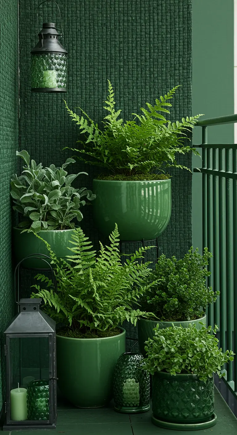 A striking balcony decorated entirely in shades of green, from the wall to the planters.