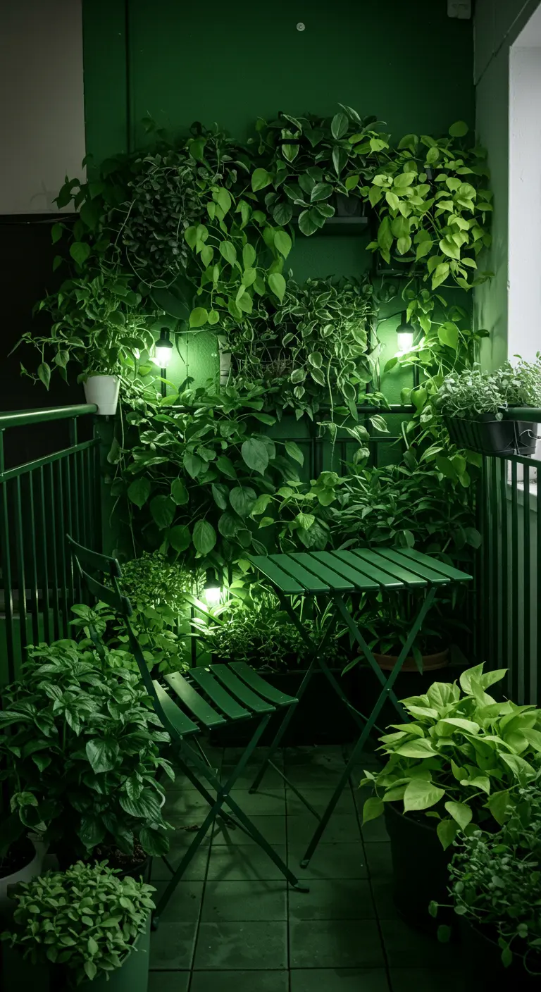 A small balcony where the walls, furniture, and plants are all shades of green.