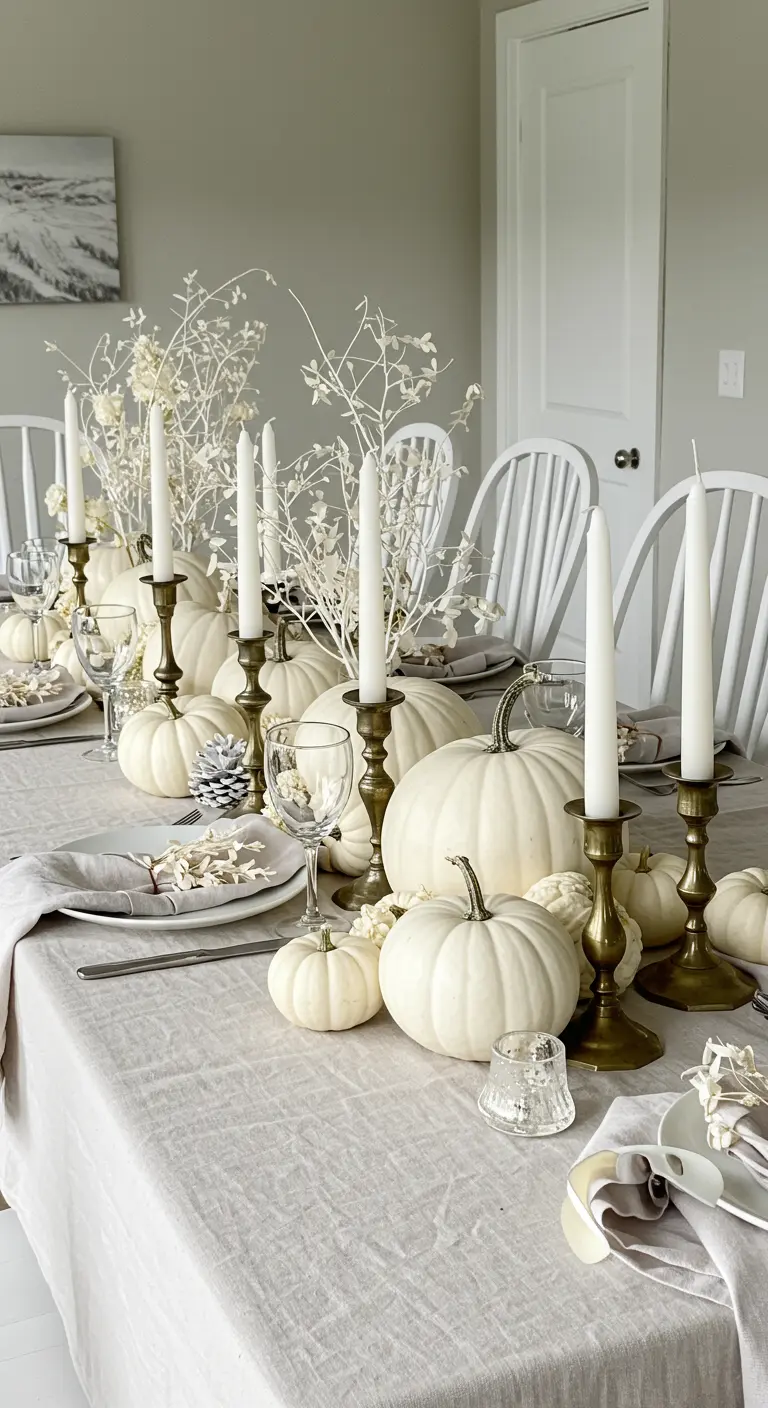 A neutral-toned table decorated with white pumpkins, white branches, and brass candlesticks.