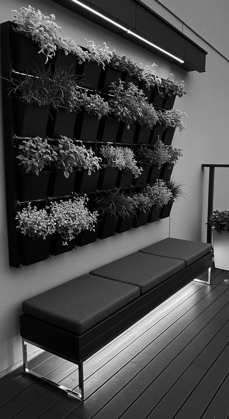 A sleek black vertical wall planter with silvery plants above a modern bench illuminated from underneath.