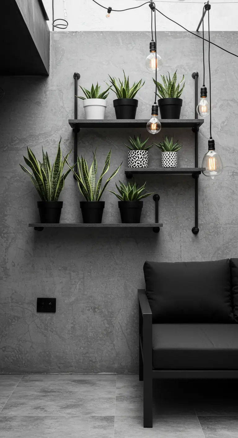 A sleek, wall-mounted black pipe shelf against a concrete wall, holding snake plants in black pots.