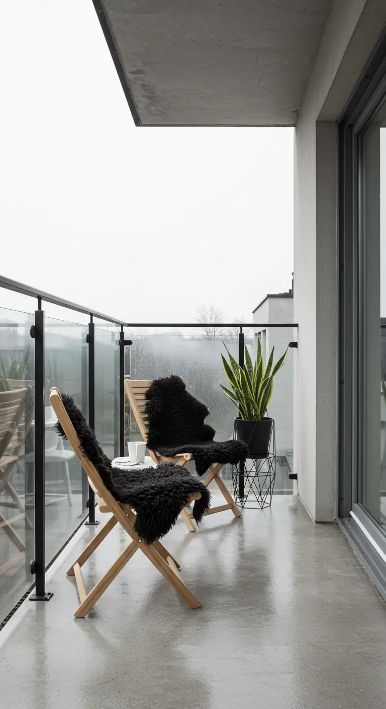 A minimalist balcony on a rainy day with light oak chairs and black sheepskin throws.