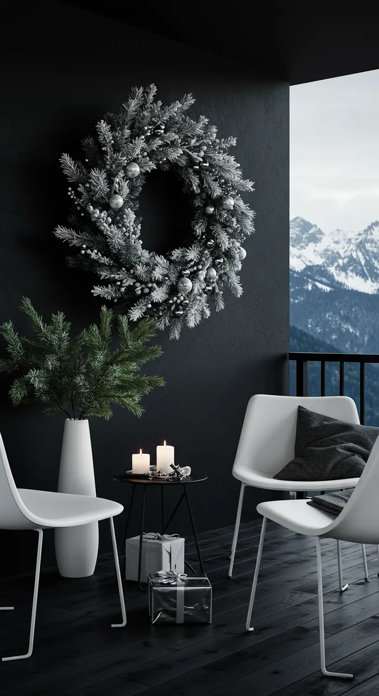 A modern black balcony with white chairs and a large, frosted silver wreath on the wall.