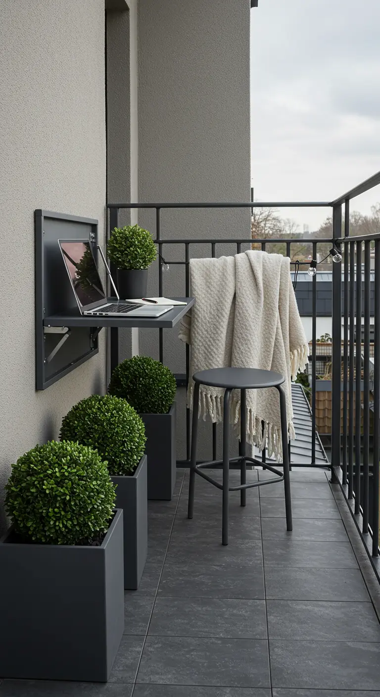 A modern balcony with a black fold-down desk, a stool, and geometric planters with boxwood balls.