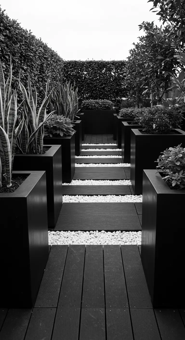 A black and white garden path with dark decking and white pebbles.