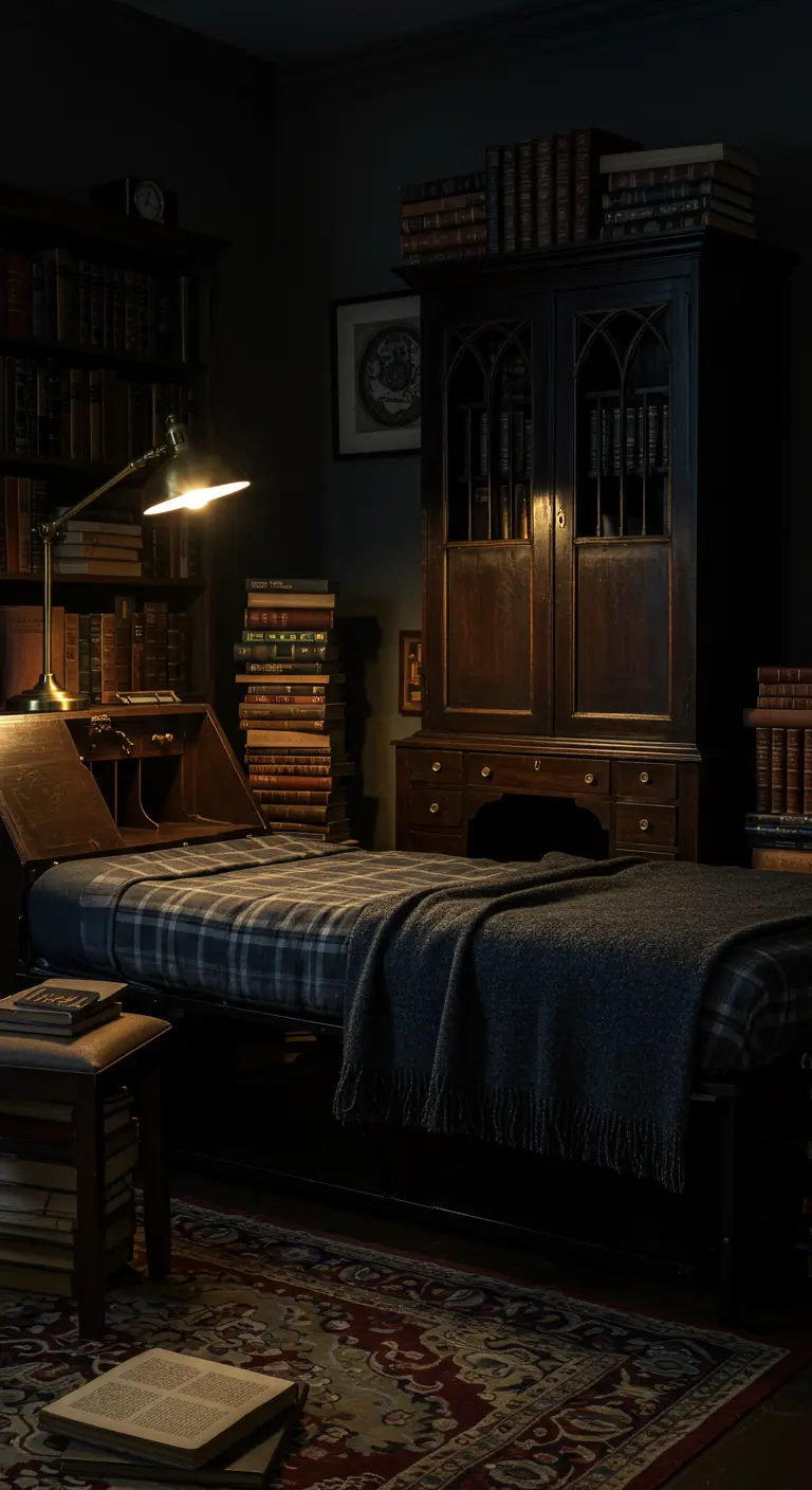 A single bed folded out from a dark wood secretary desk in a moody, academic-style room.
