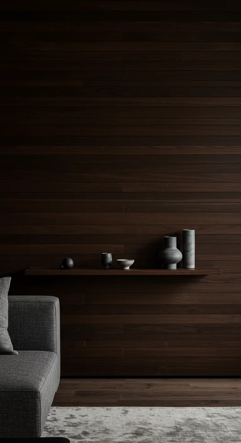 A dark wood horizontal slat wall with a single floating shelf holding ceramic art.
