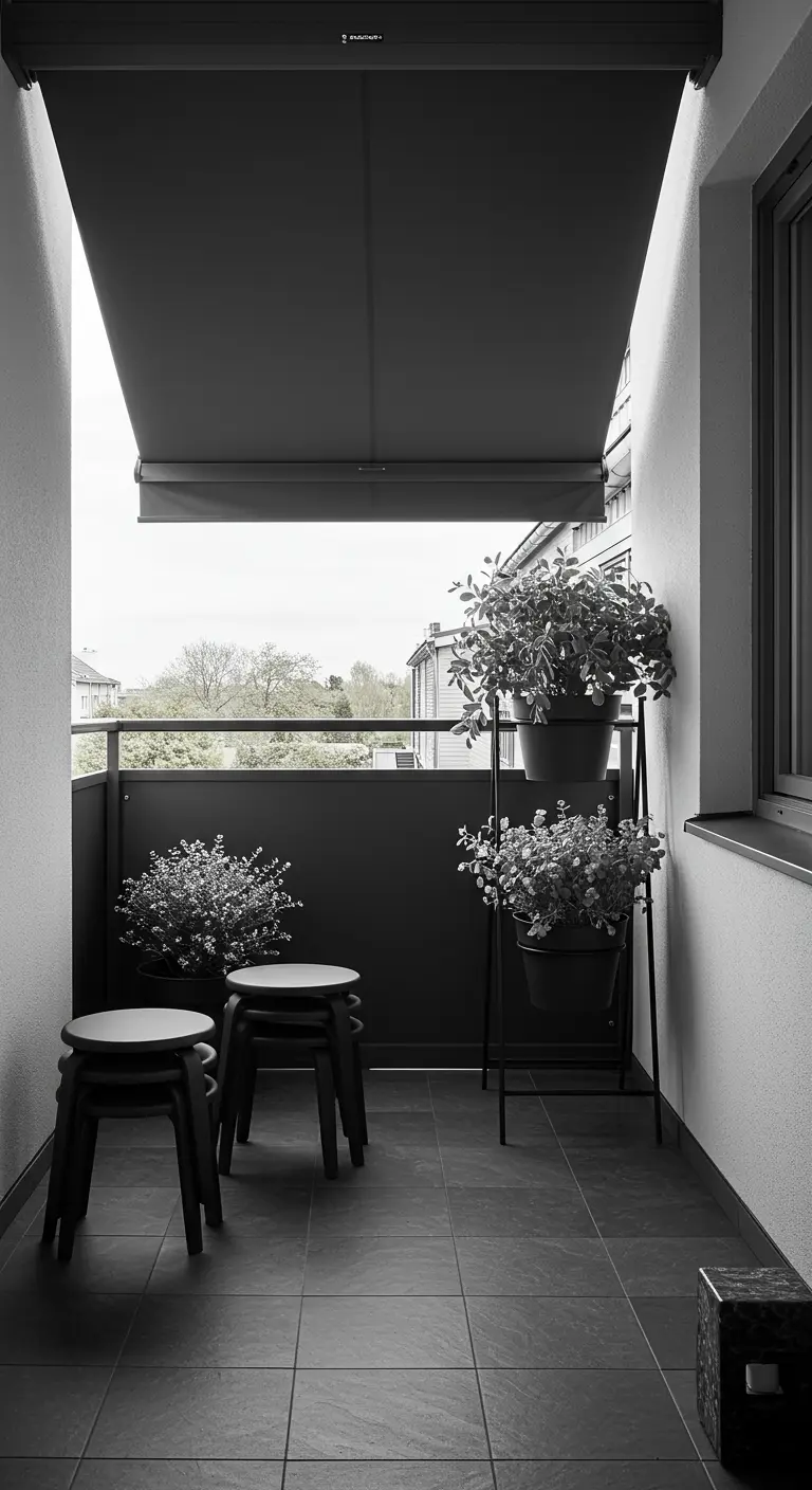 A minimalist black-and-white balcony with dark stools and a black privacy screen.
