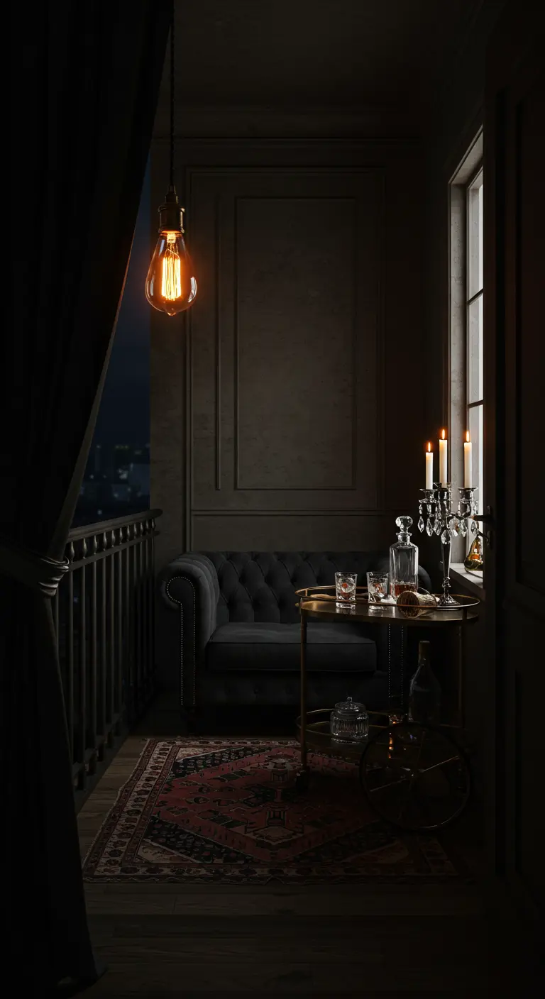 A dark, elegant balcony with a chesterfield sofa, a bar cart, a rug, and a crystal candelabra.