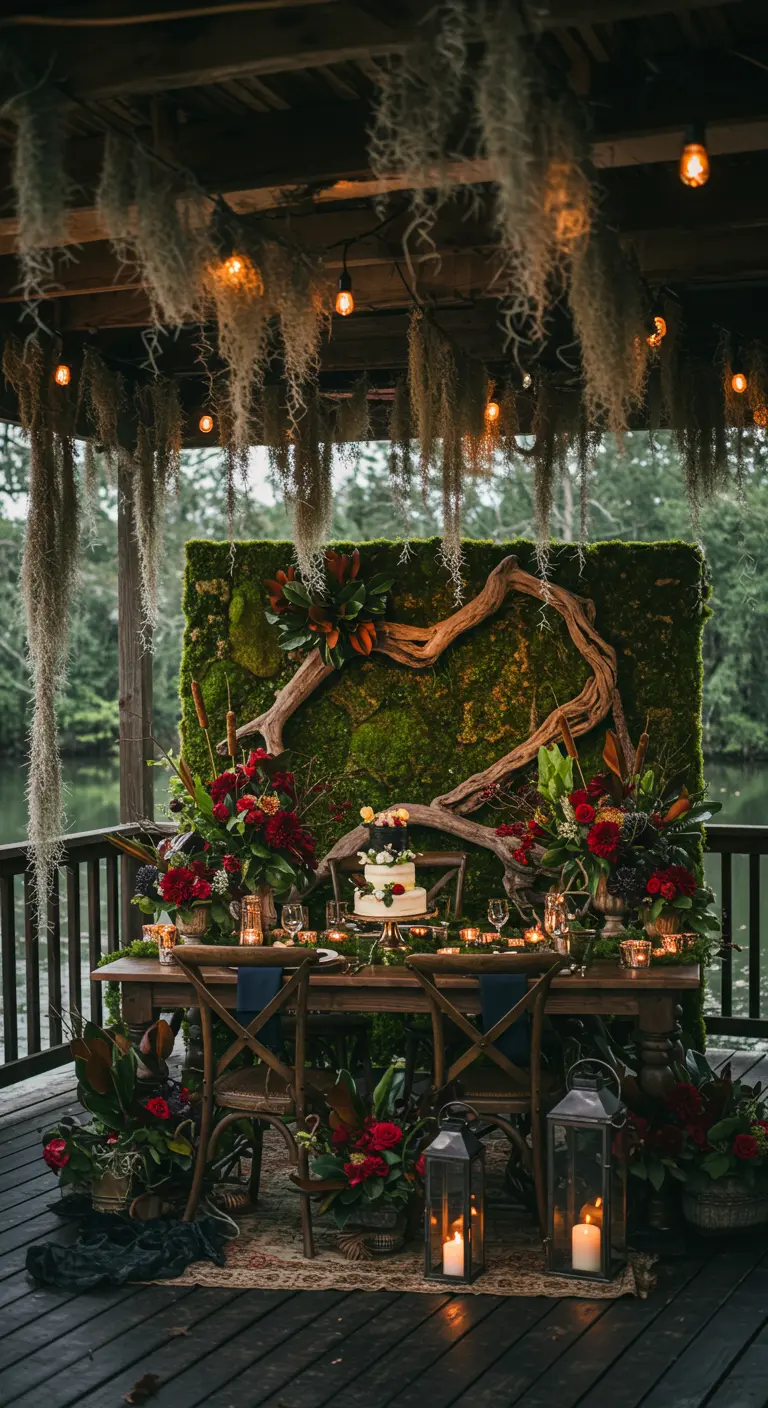 A romantic sweetheart table on a dock with a moss wall, Spanish moss, and dark florals.