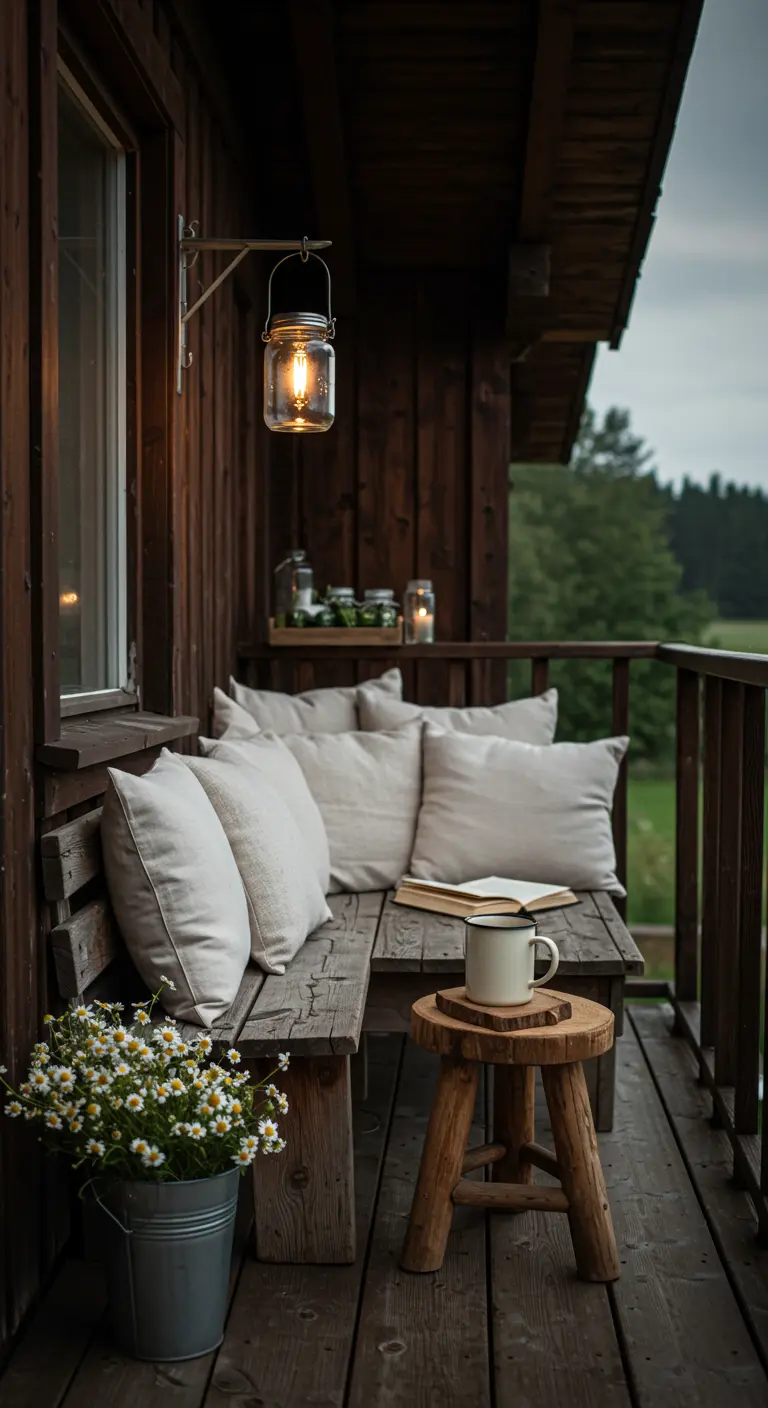 A dark wood balcony with a bench covered in cream pillows, a small stool, and a wall-mounted lantern.