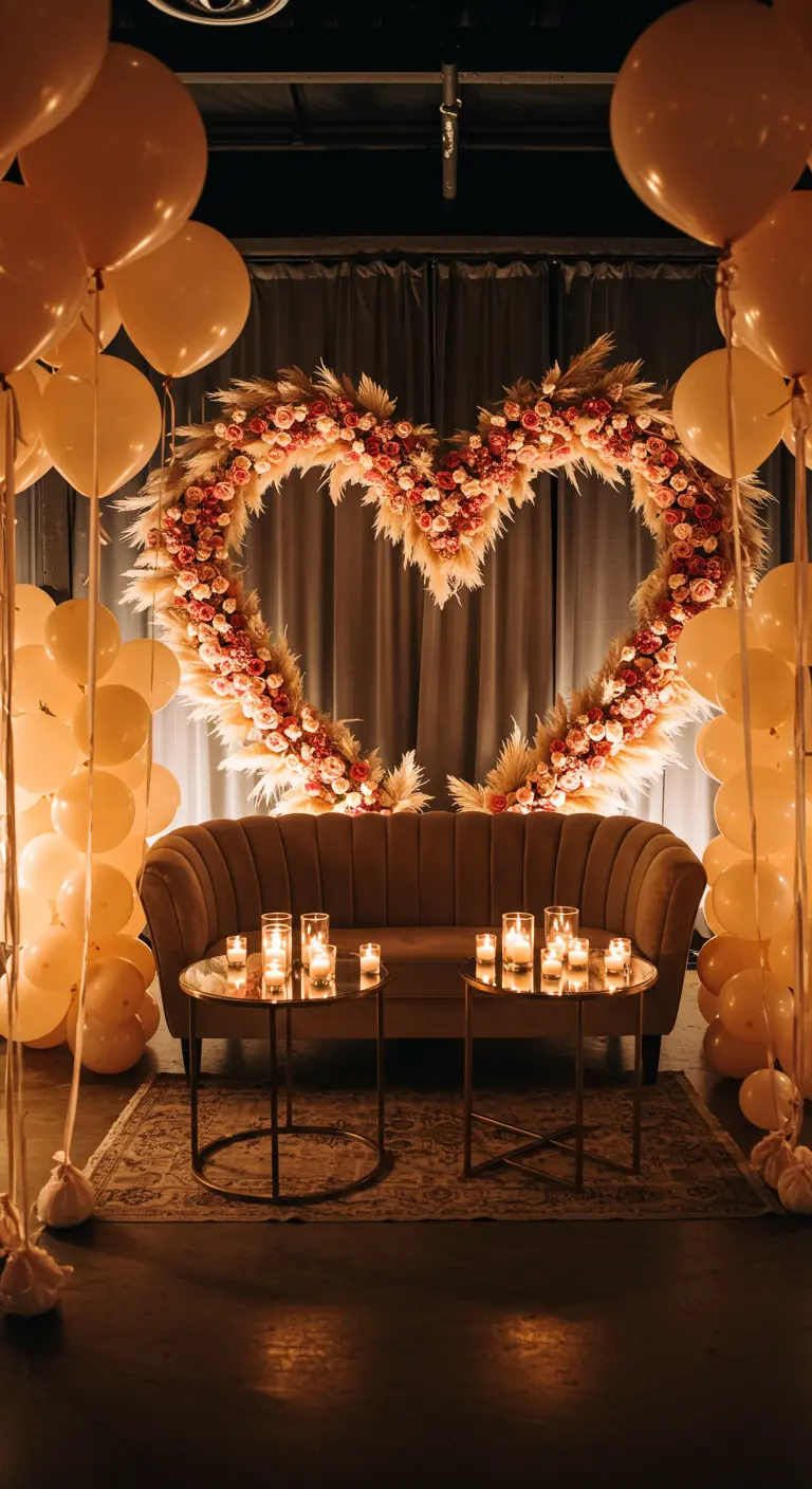 A boho floral heart arch behind a loveseat, illuminated by candles and balloons.