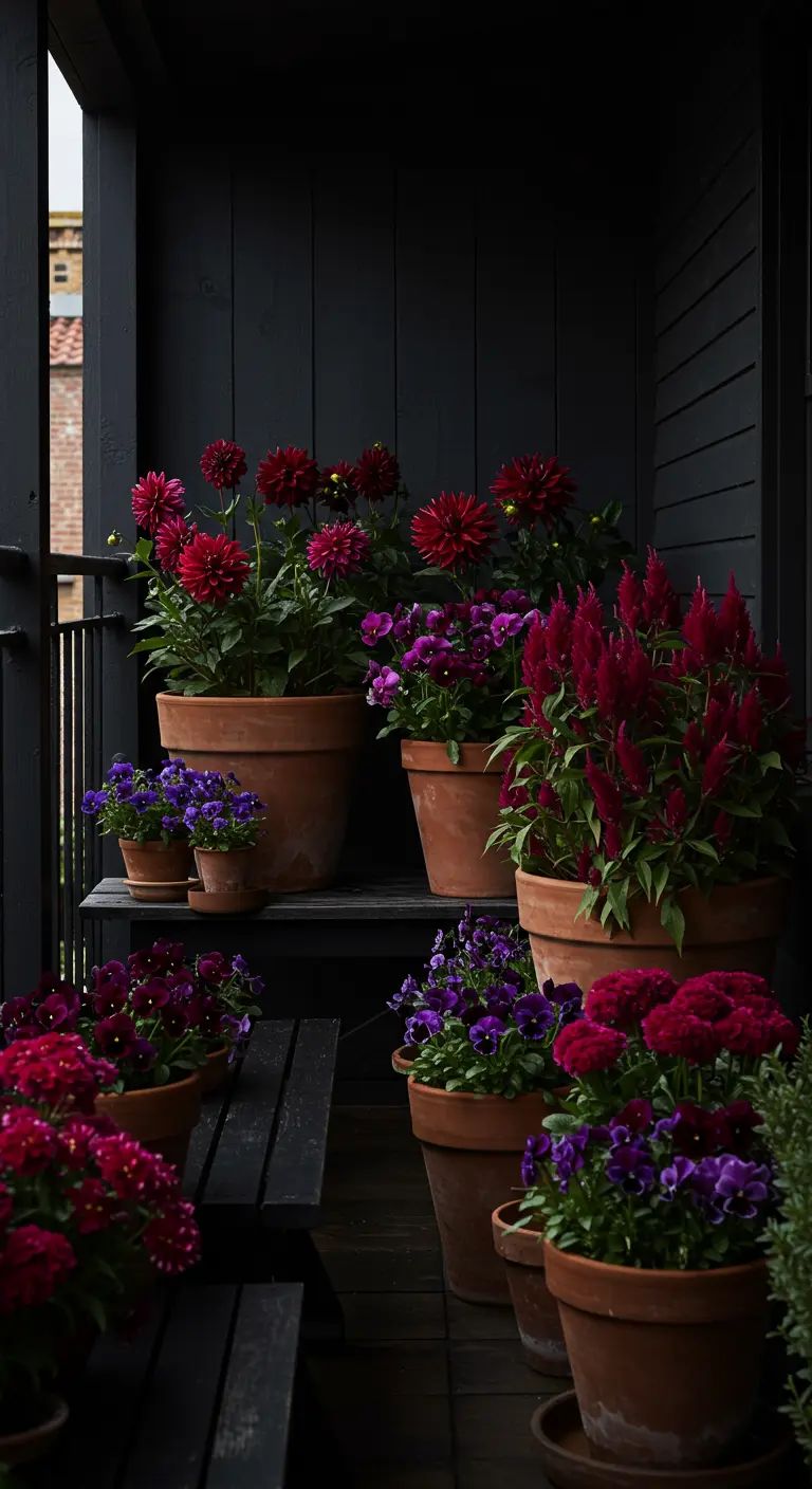 A dark, moody balcony with black walls and benches, showcasing vibrant magenta and purple flowers.