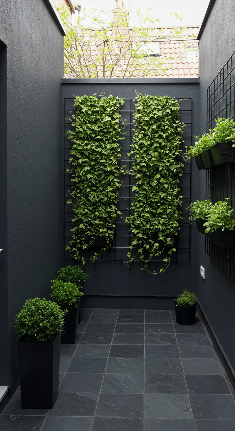 A narrow, dark grey courtyard with two tall grid panels covered in dense ivy.