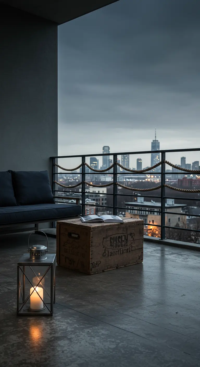 A moody, industrial balcony with a shipping crate table and a single lantern.