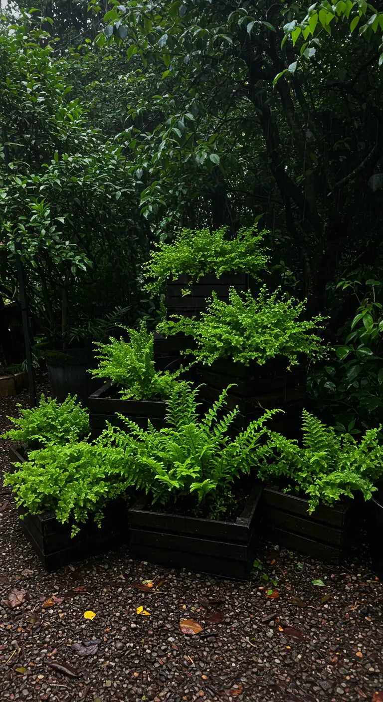 Dark-stained wooden crates tiered in a lush, dark green garden, making the ferns pop.