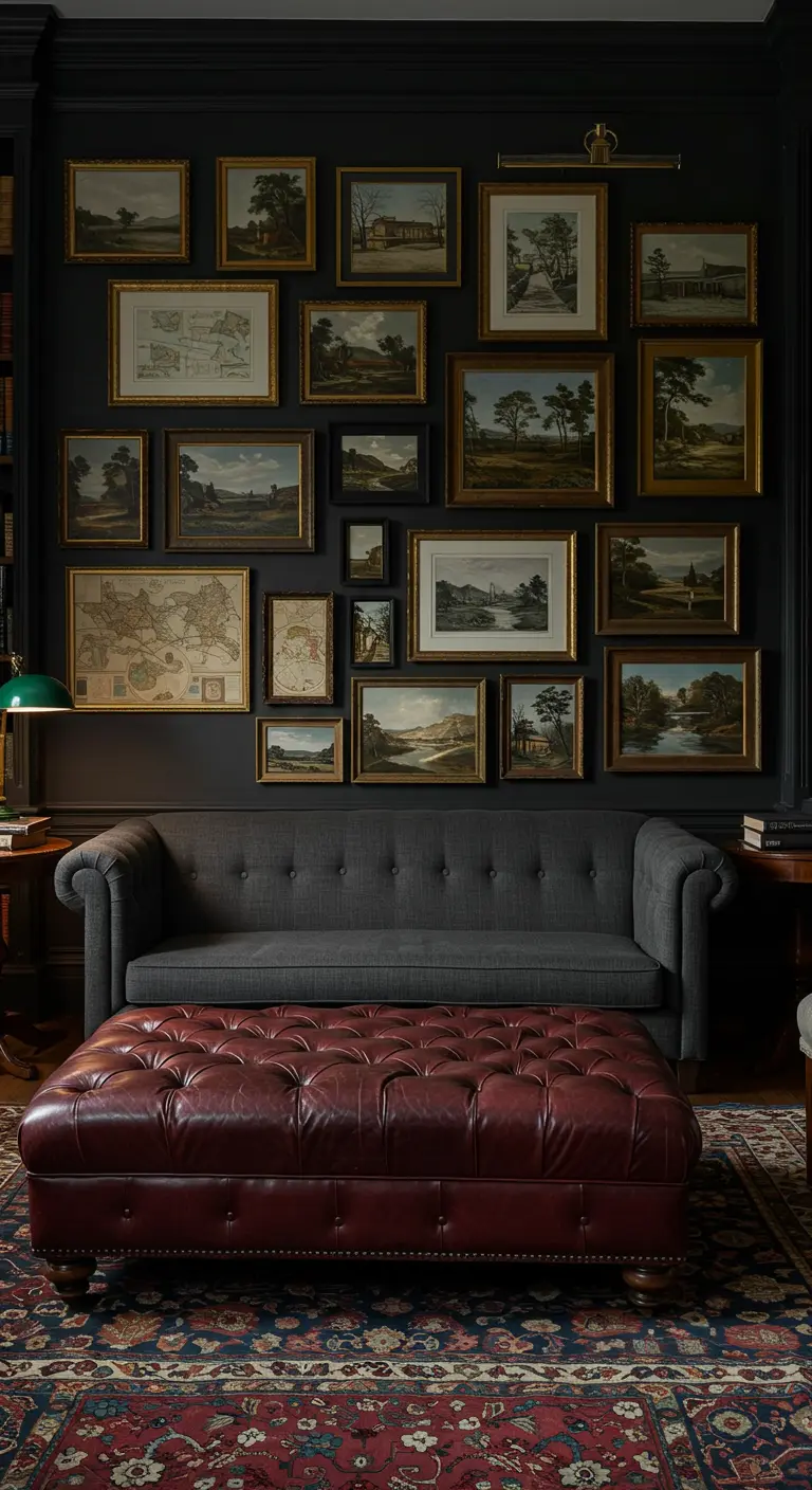 Dark library with charcoal walls, landscape paintings, and a burgundy leather tufted ottoman.