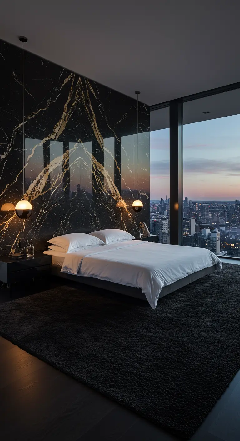 A minimalist bedroom with a black marble wall overlooking a city skyline at dusk.