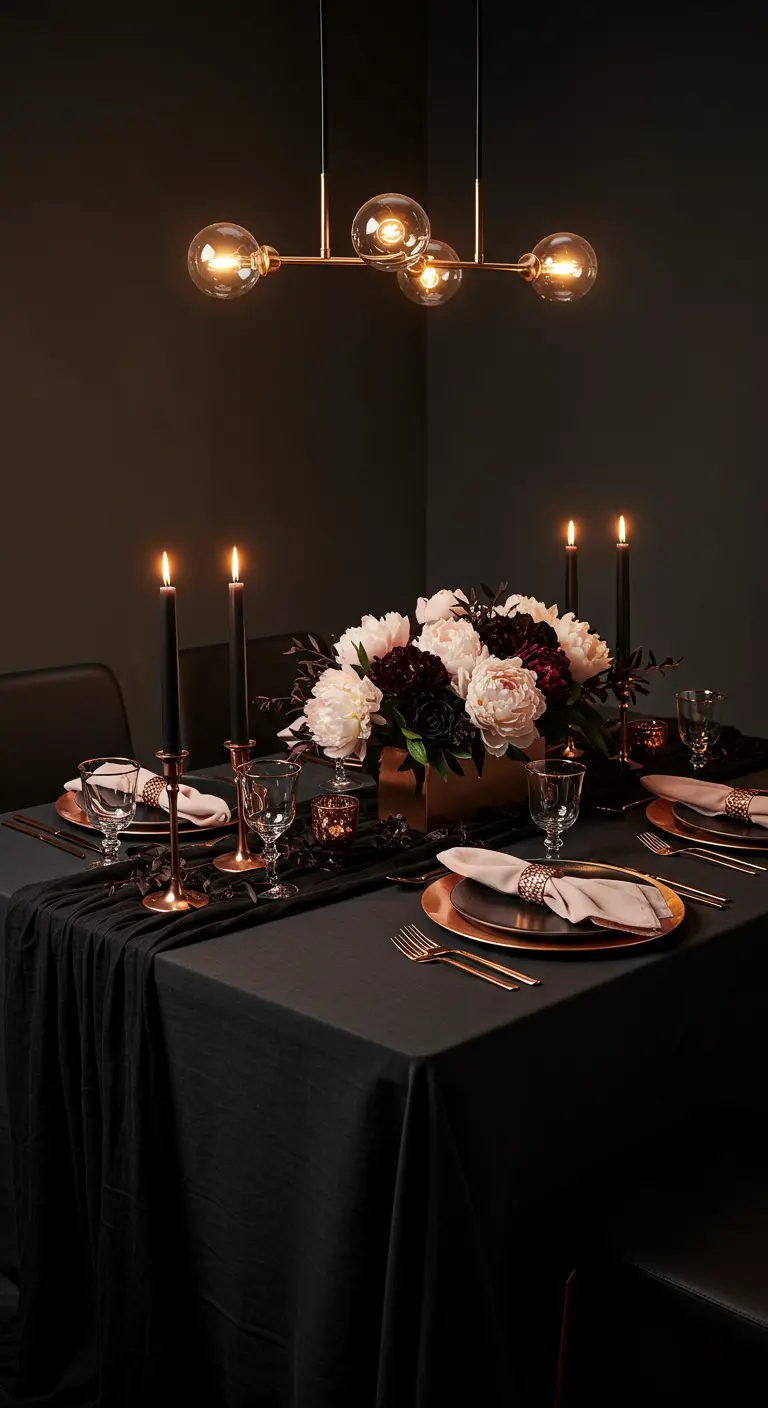 Dark, moody tablescape with black linens, black candles, and white and burgundy flowers.