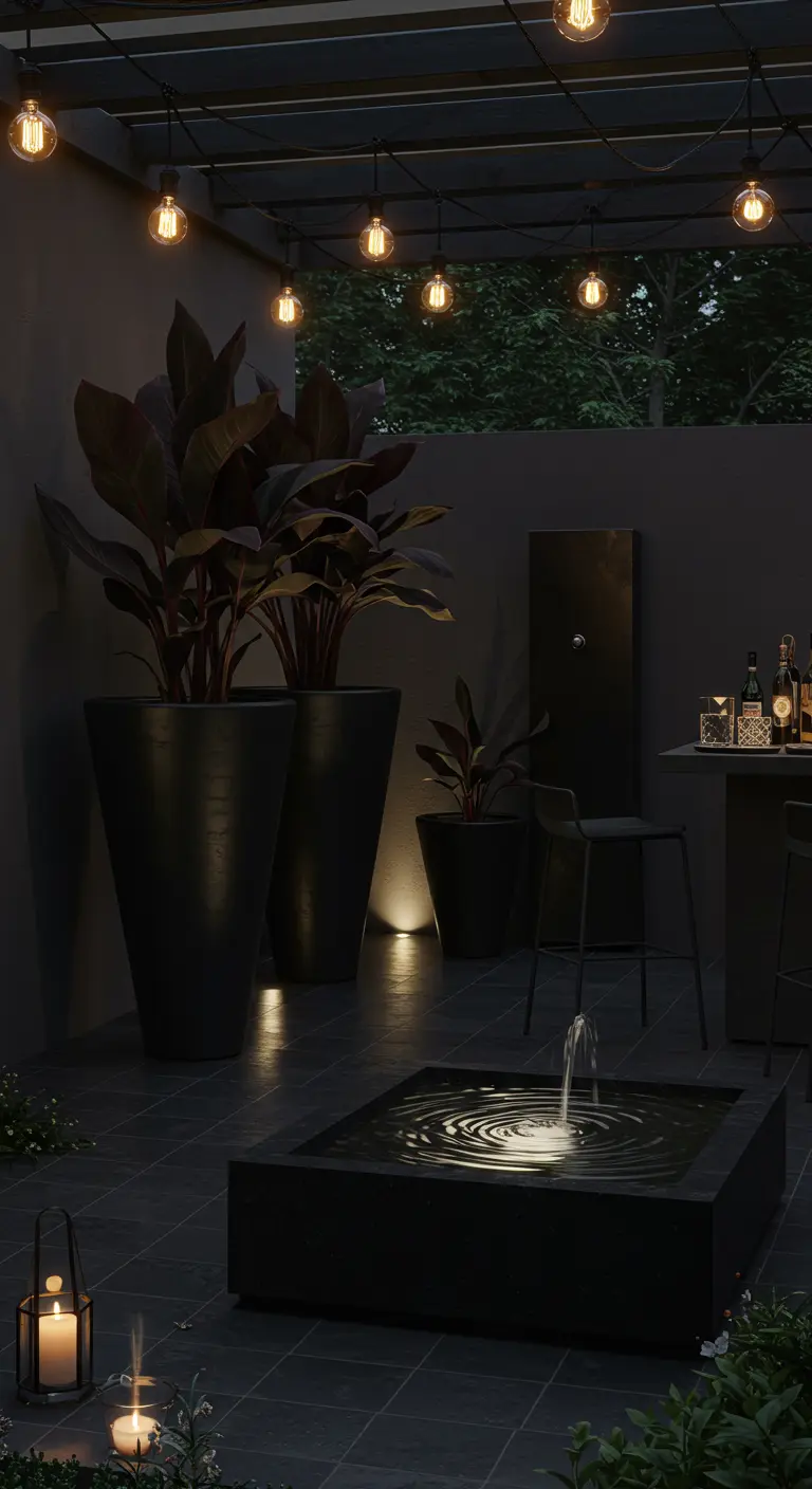 A dark, modern patio at night with black planters, dramatic uplighting, and a modern fountain.