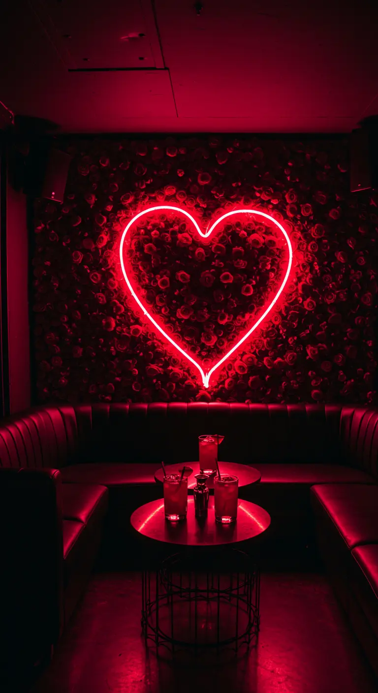 A dark, moody bar nook illuminated by a single, glowing red neon heart.