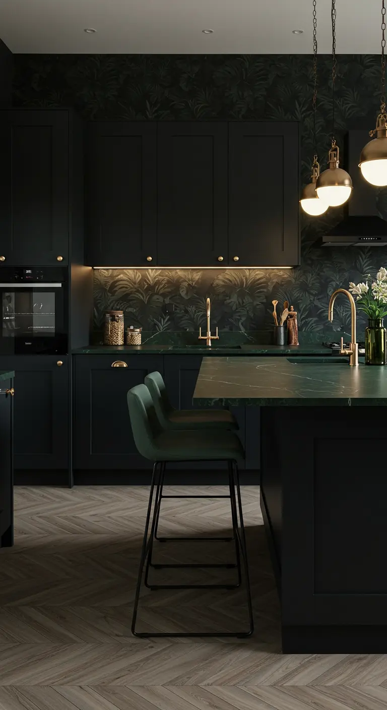 Dark kitchen with matte black cabinets, tropical wallpaper, and brass hardware.