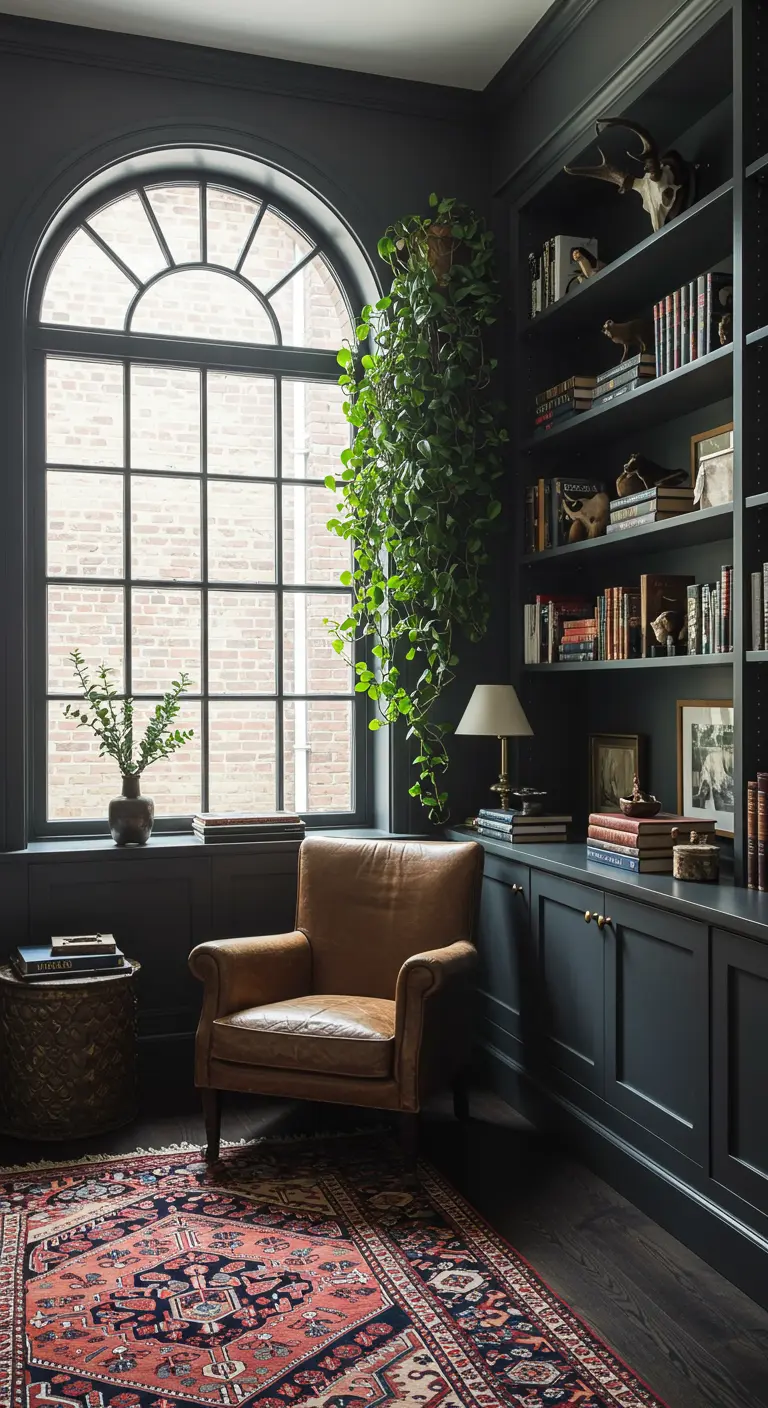 A dark, moody library with charcoal built-ins, a leather armchair, and a large arched window.
