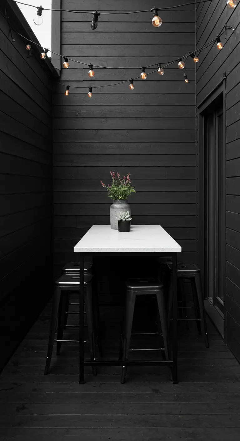 A small, all-black patio with a white table and steel stools.