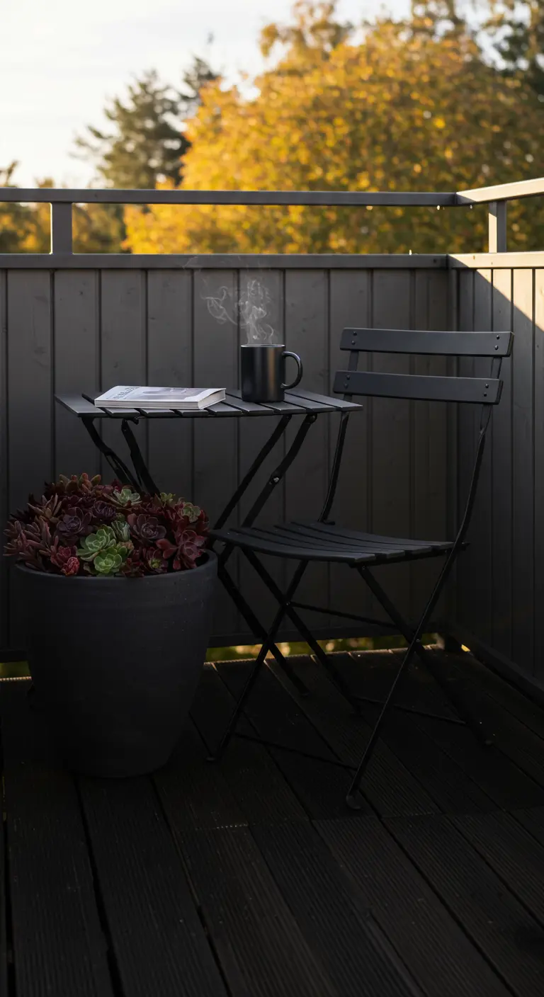A black bistro set against a black slatted wall, with a steaming mug and a dark red succulent.