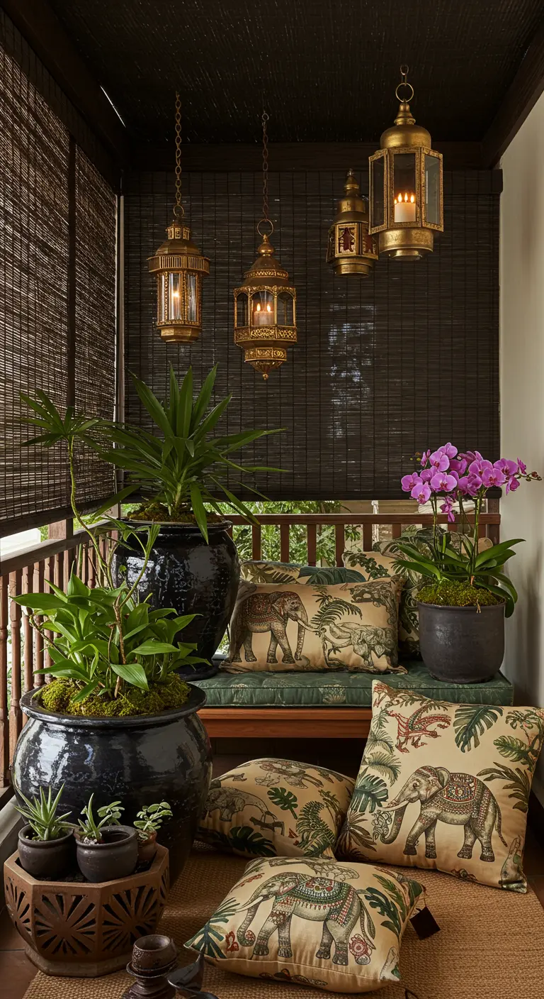 A dark, moody balcony with black bamboo blinds, Moroccan lanterns, and elephant-print pillows.