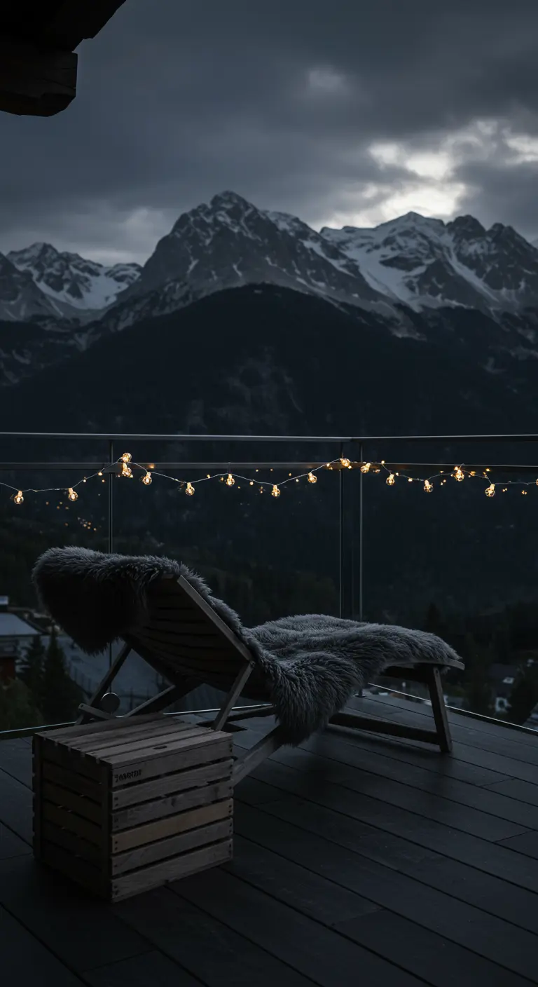 A dark wood chaise lounge with a grey fur throw on a balcony at dusk.