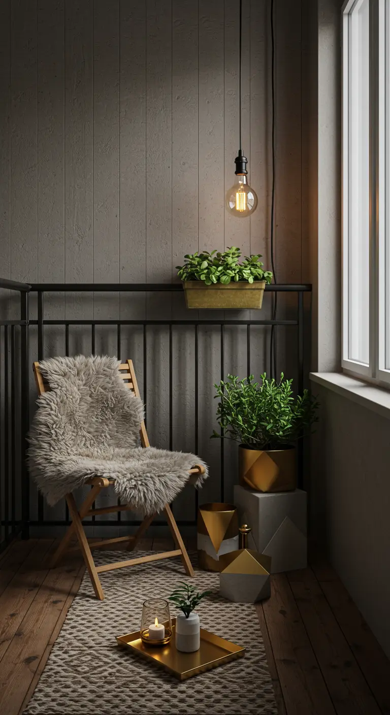 A dimly lit balcony corner with a single hanging Edison bulb and a textured rug.