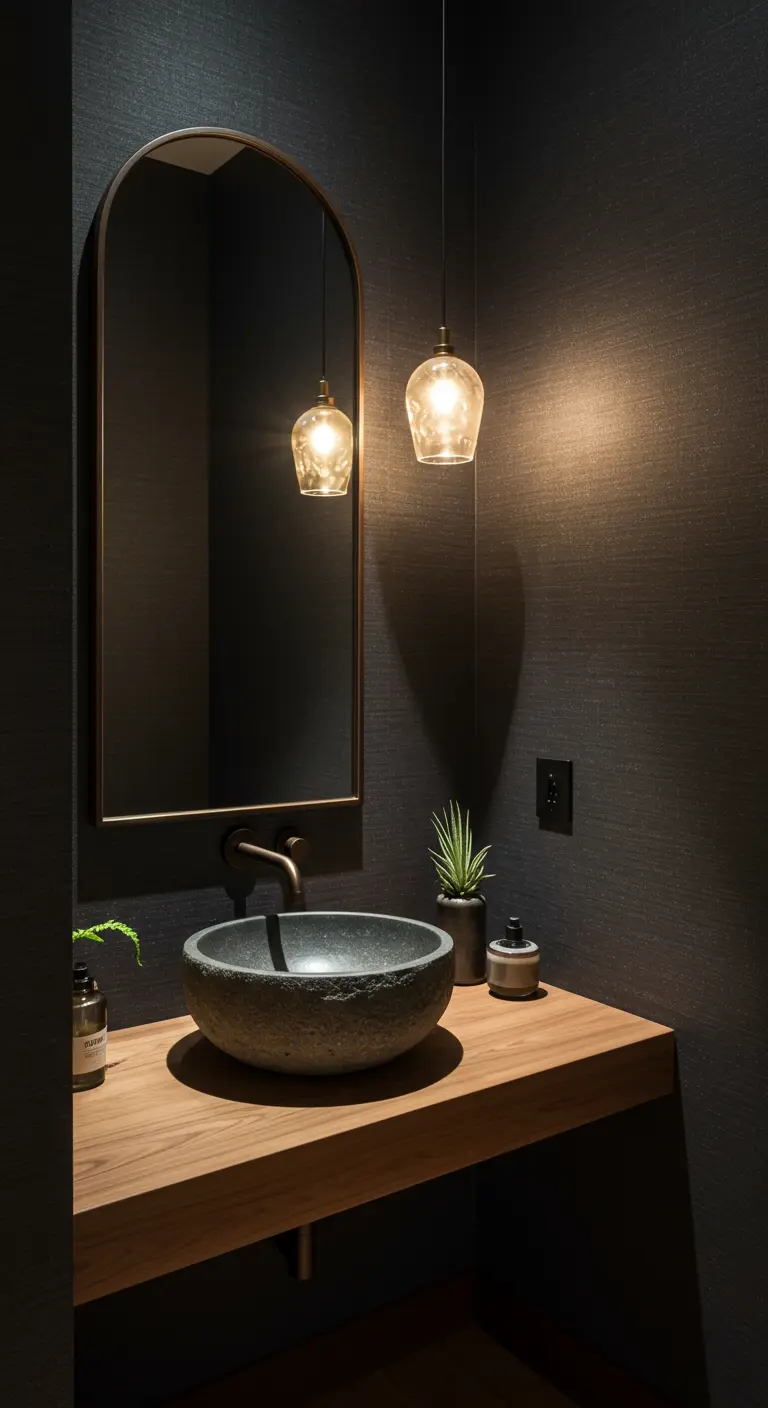 Dark and moody powder room with a stone vessel sink, wood vanity, and pendant lights.