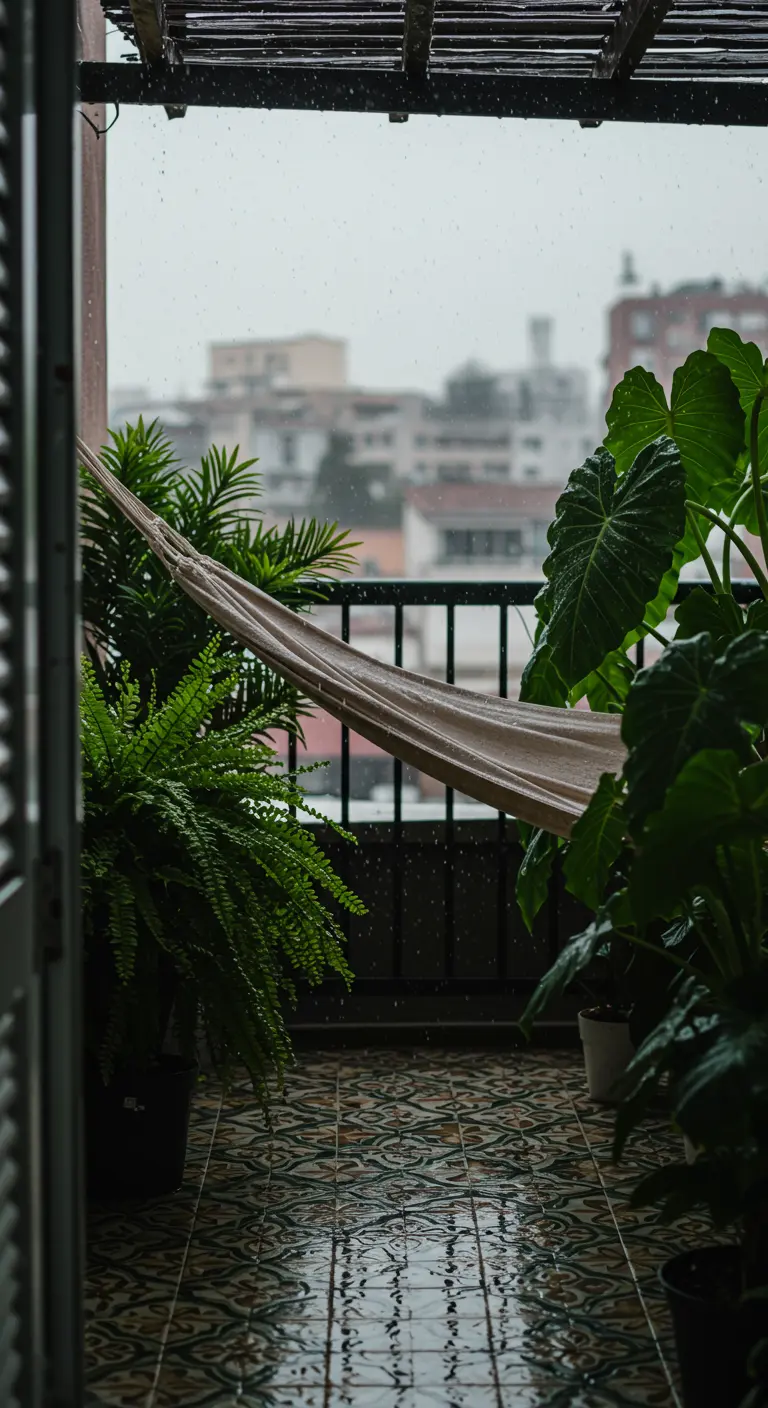 View of a rainy balcony with a hammock surrounded by lush, wet tropical plants.