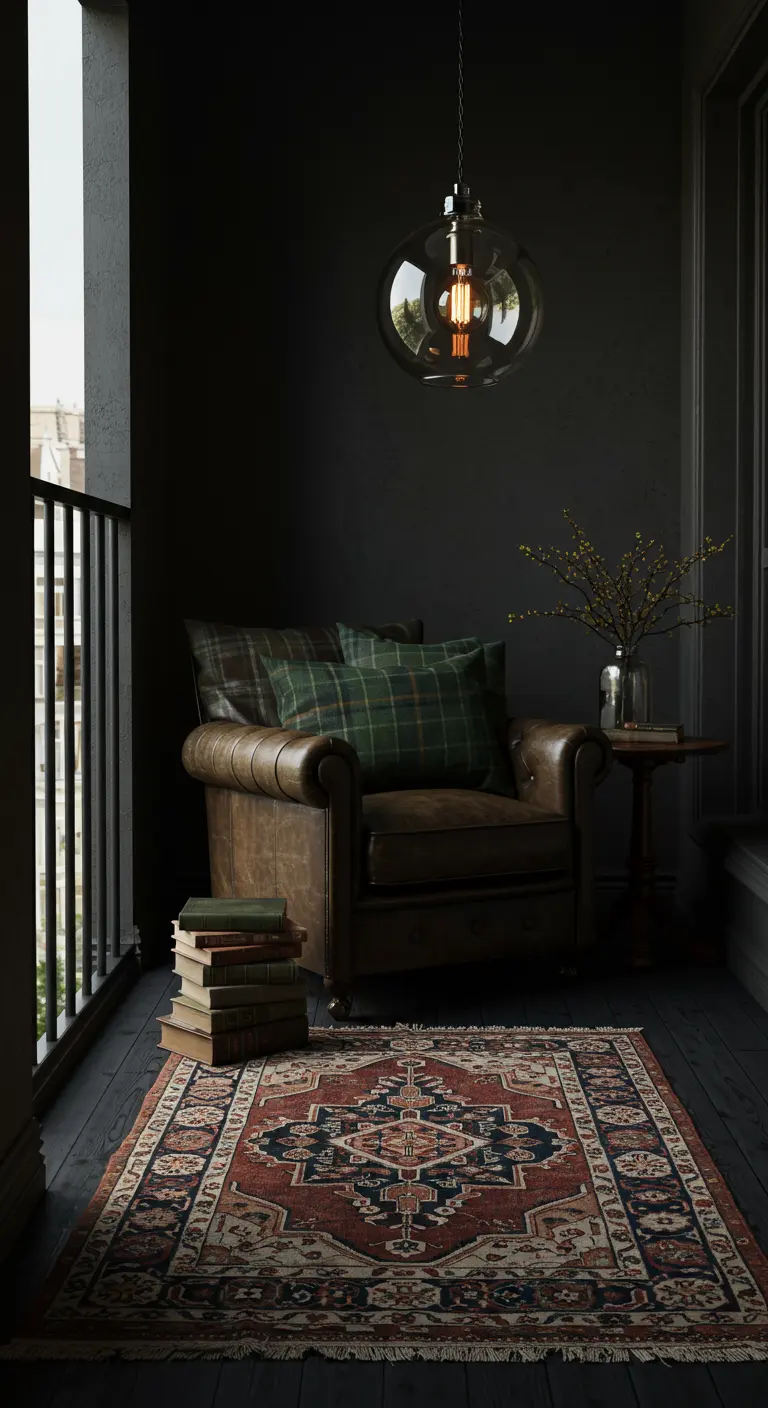 A dark, moody balcony with a leather armchair, plaid pillows, and a stack of books.