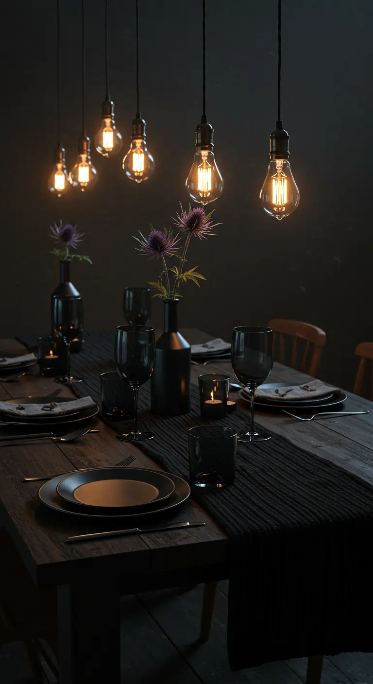 Dark, moody table setting with a black runner and hanging Edison bulbs.