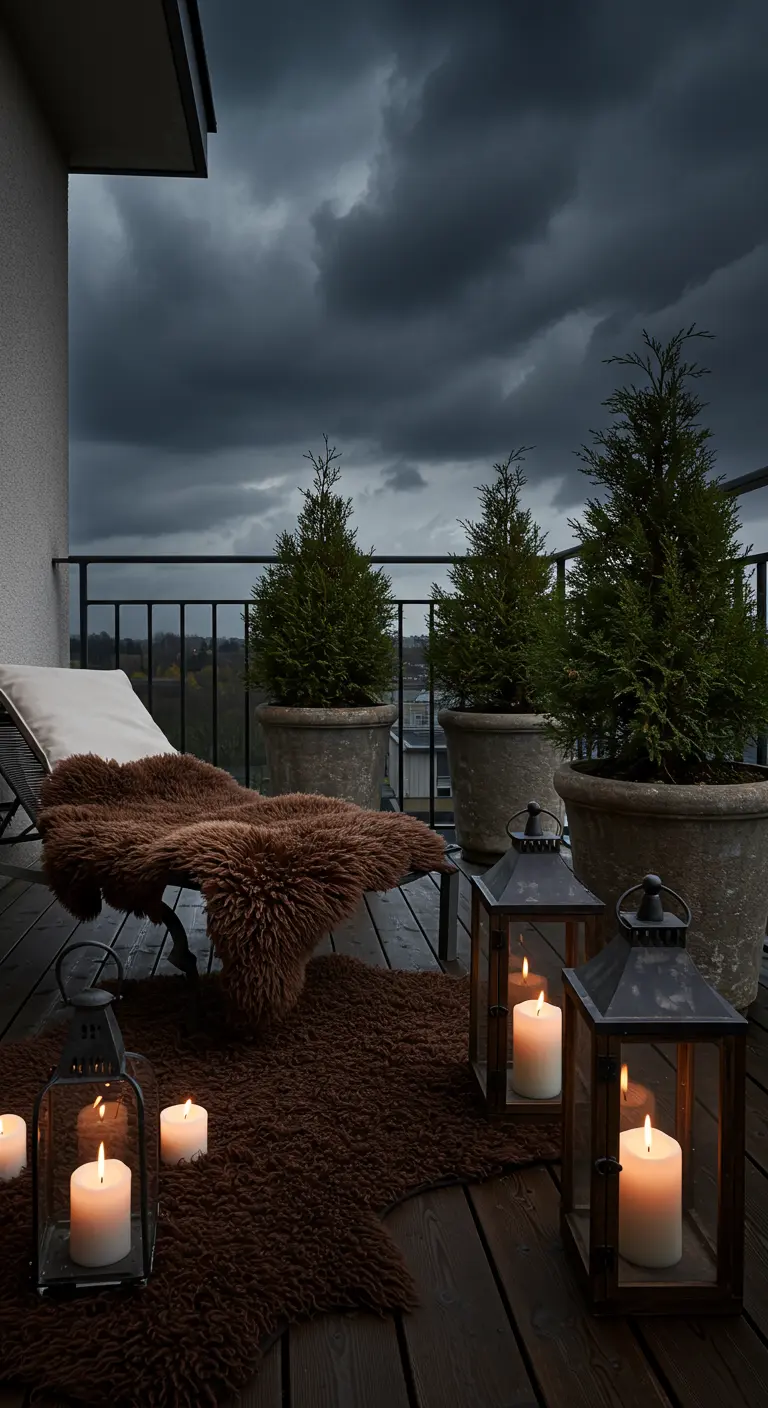 A dark, moody balcony with brown sheepskin throws, dark lanterns, and a stormy sky.