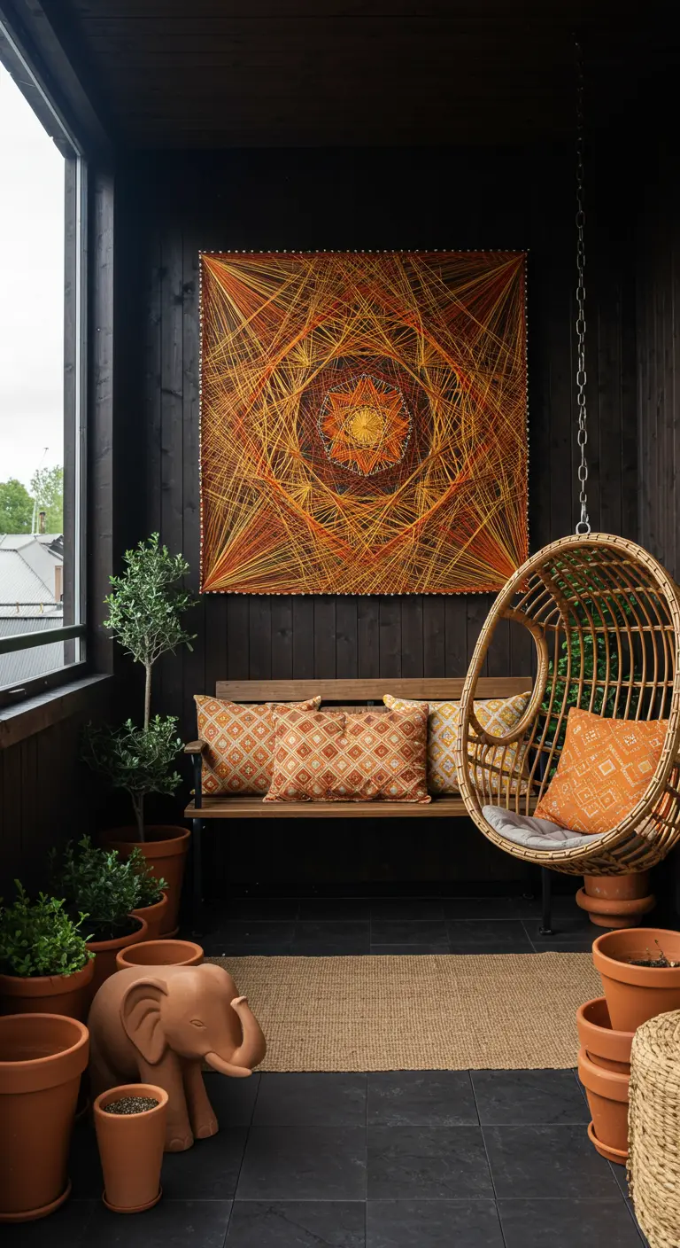 A dark-walled balcony with large string art, a rattan egg chair, and terracotta pots.