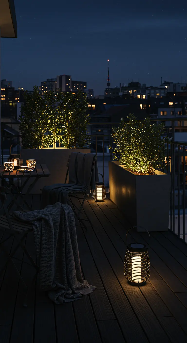 A dark balcony at night with plants dramatically lit from below and cozy lanterns on the floor.