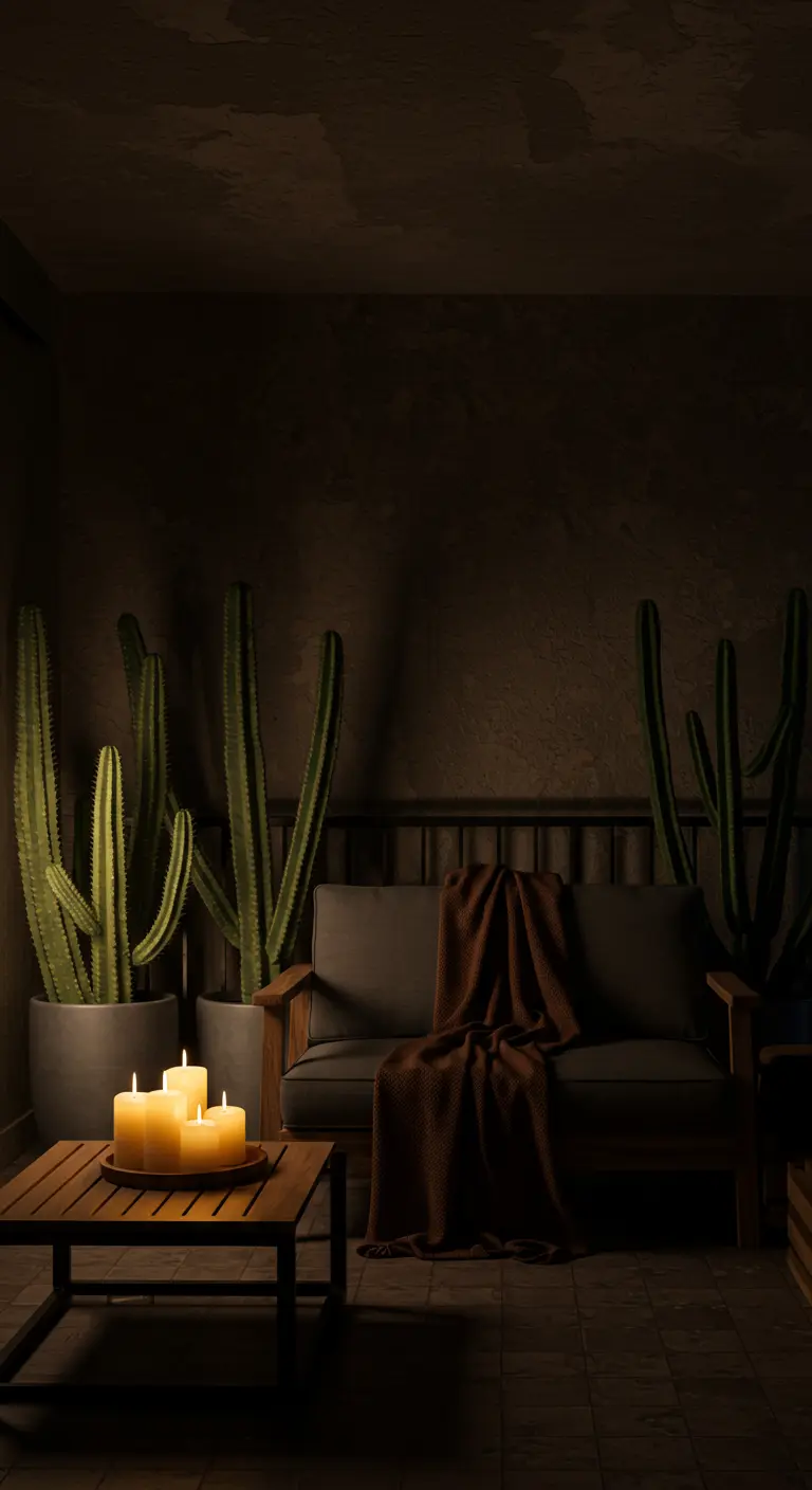 A dark balcony at night, with tall cacti silhouetted and a coffee table lit by candles.