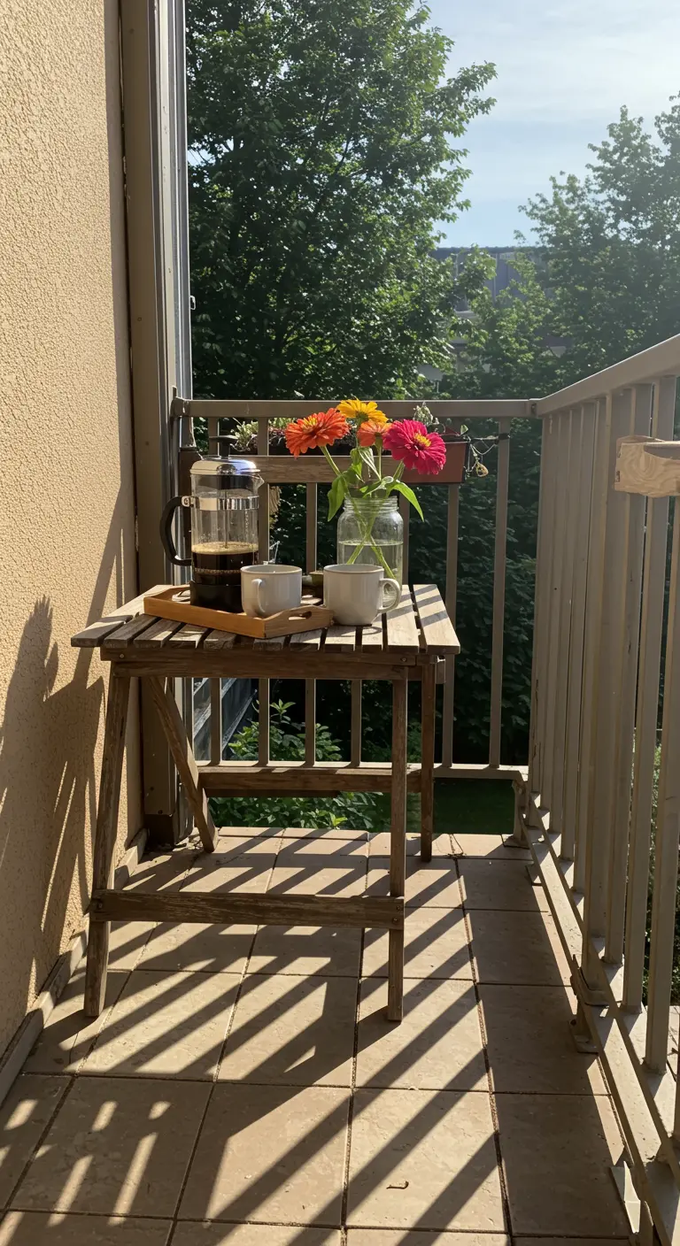 A small wooden table on a sunny balcony with a French press, coffee cups, and a vase of flowers.