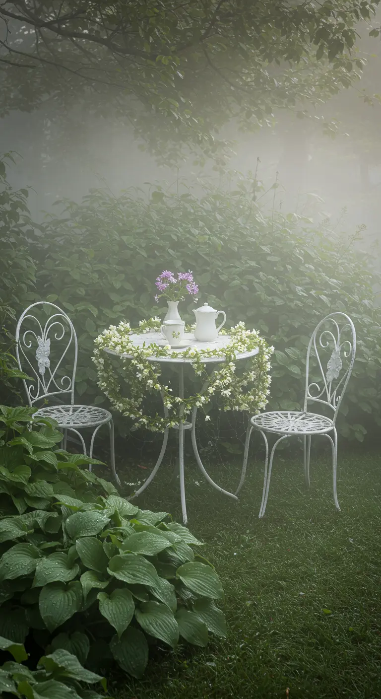 A white bistro set in a lush, foggy garden, surrounded by dew-covered Hosta leaves.