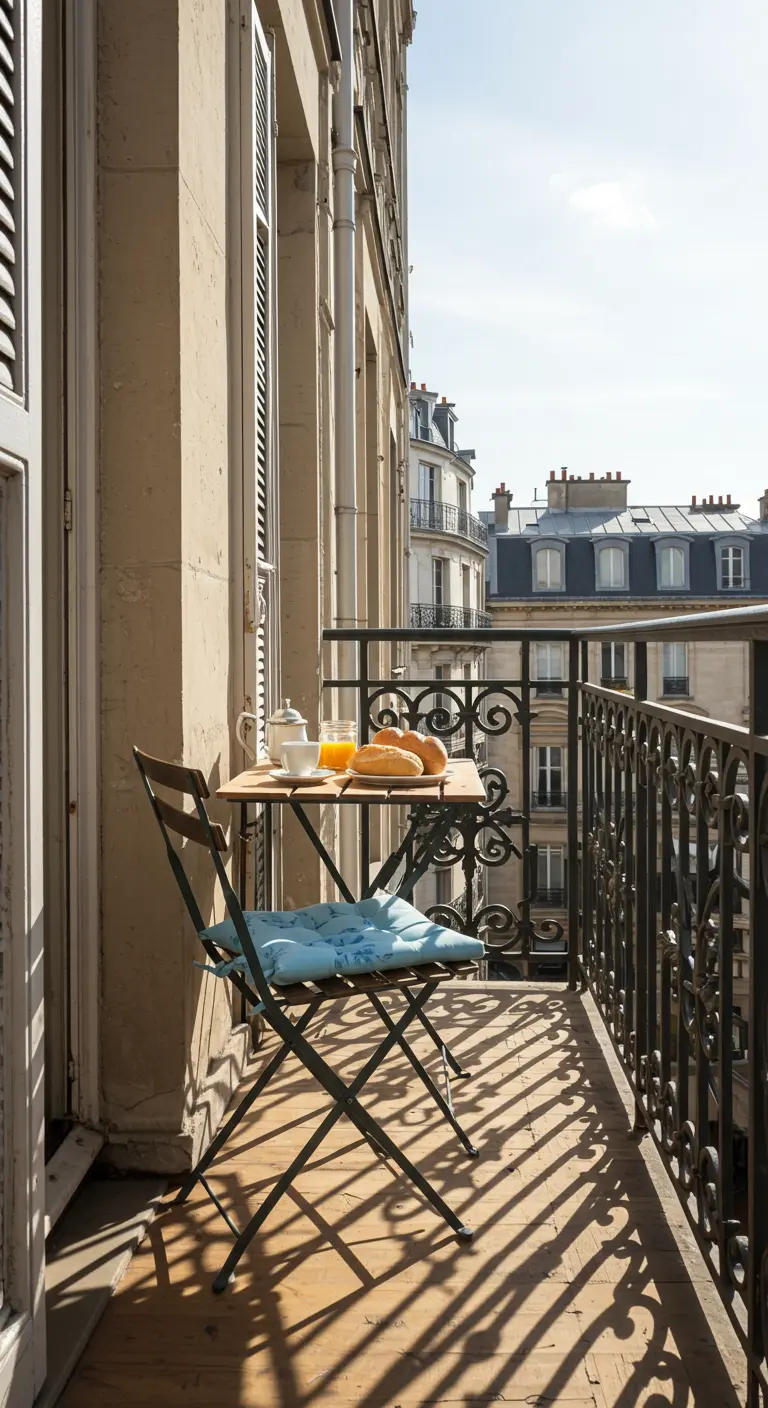 A sunny balcony with breakfast, where long shadows are cast by the iron railing.