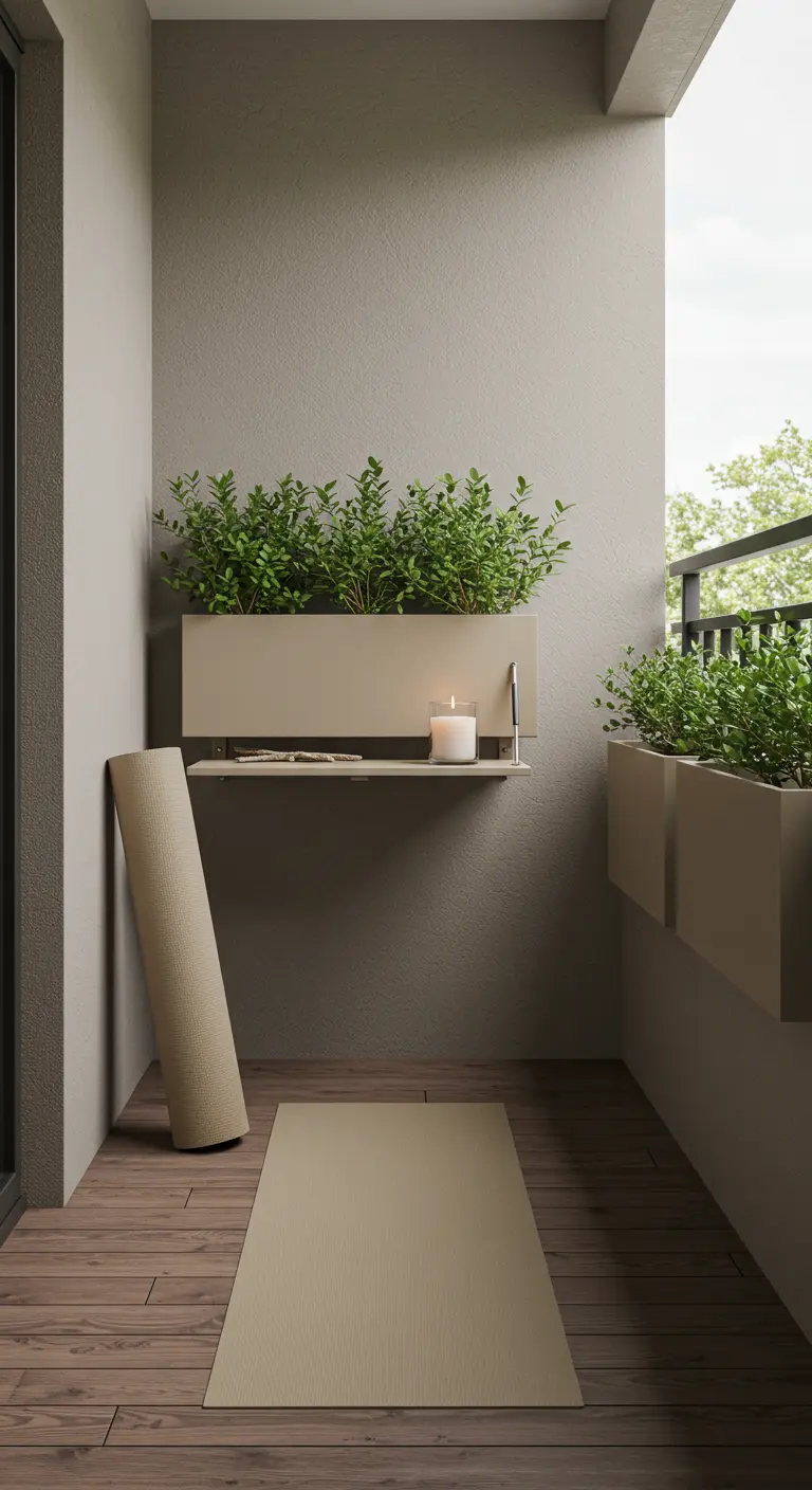 A calm balcony with a yoga mat on the floor and a small fold-down shelf with a candle.