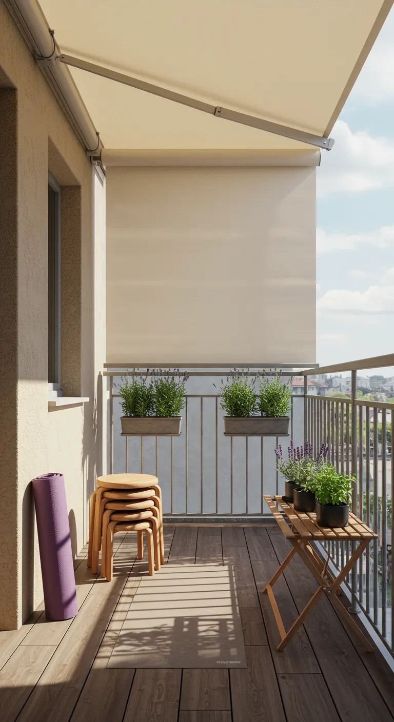 A clean, sunny balcony with deck tiles, a stack of wooden stools, and a rolled-up yoga mat.