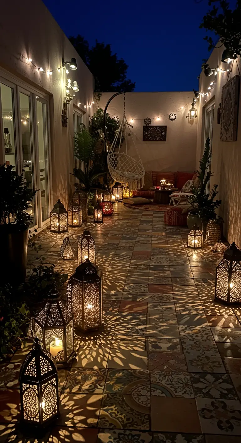 A tiled courtyard filled with dozens of Moroccan lanterns casting intricate patterns.