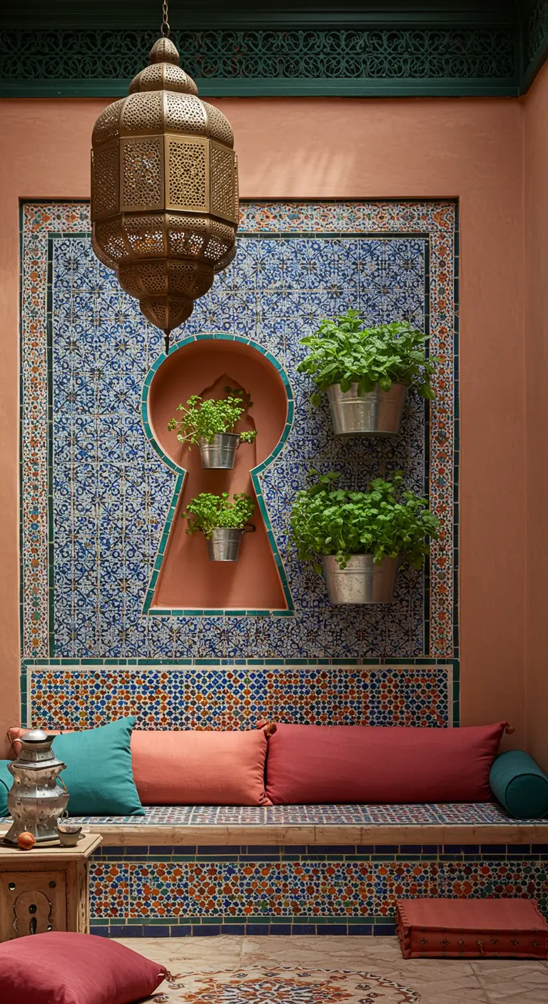 A Moroccan-style patio with patterned tile walls, a keyhole-shaped niche, and hanging herb planters.