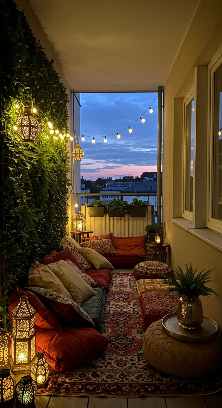 A cozy balcony at dusk with a lush green wall, floor cushions, a Persian rug, and glowing lanterns.