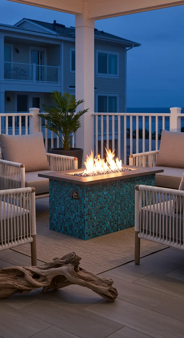 A patio fire pit with a turquoise mosaic tile base, surrounded by four white rope armchairs.